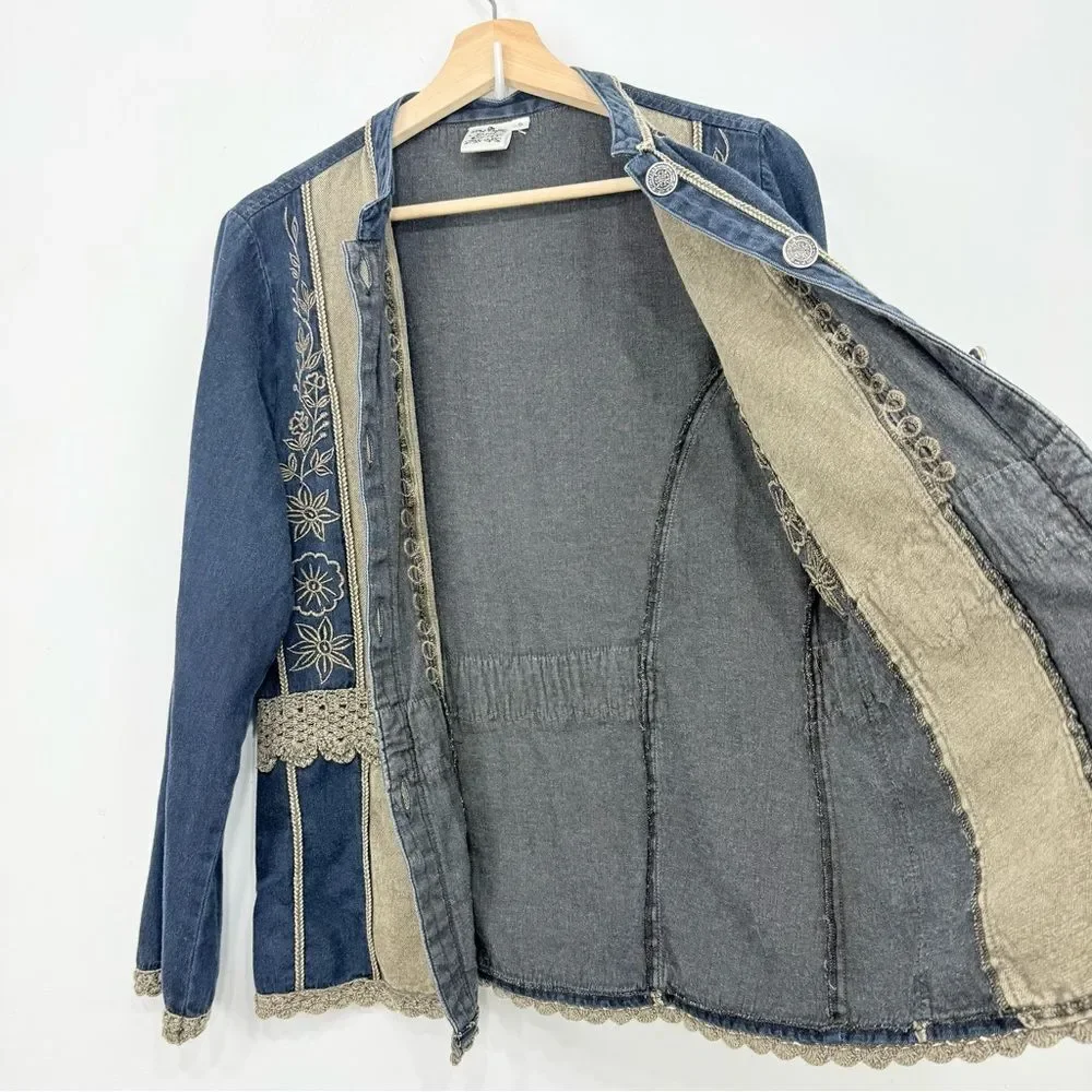 Parsley & Sage Blue Tan Cotton Denim Embroidered Lightweight Boho Jacket